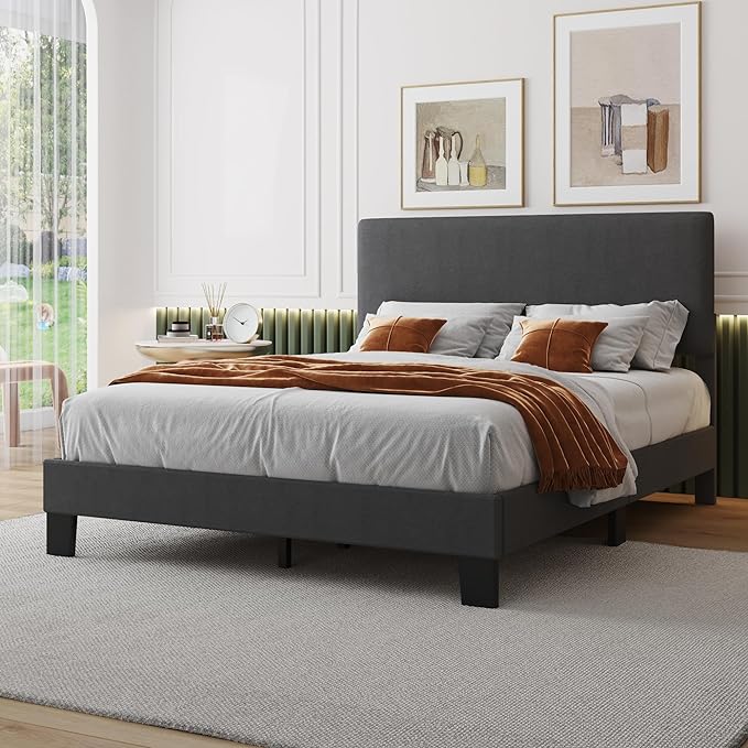 Queen Bed Frame with Headboard,Linen Upholstered Bed Frame with Wood Slats Support